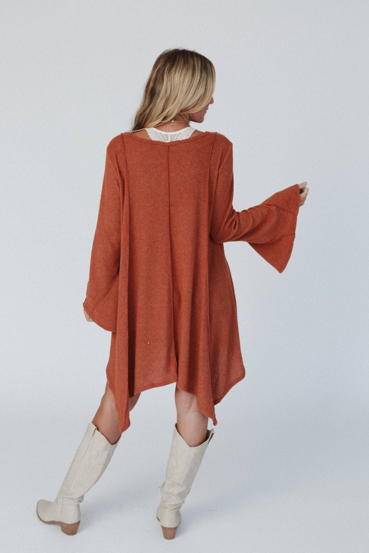 Golden Hour Long Bell Sleeve Dress - Rust: XL