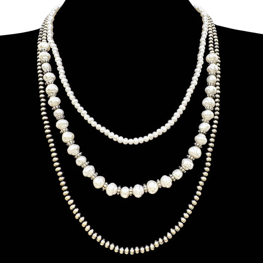 Three Strand Pearl Navajo Necklace: Pearl