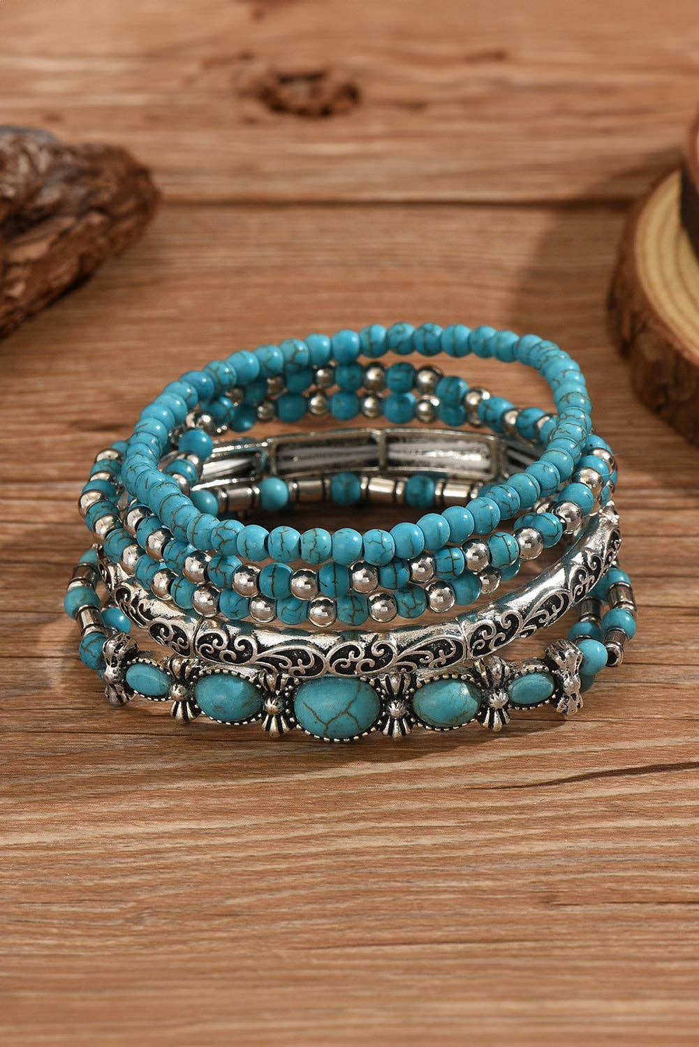 Western Turquoise Beaded Silver 5 Piece Layered Bracelet