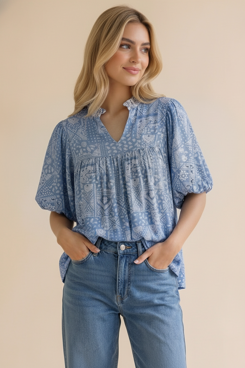 Paisley Boho Print Bubble Sleeve Blouse