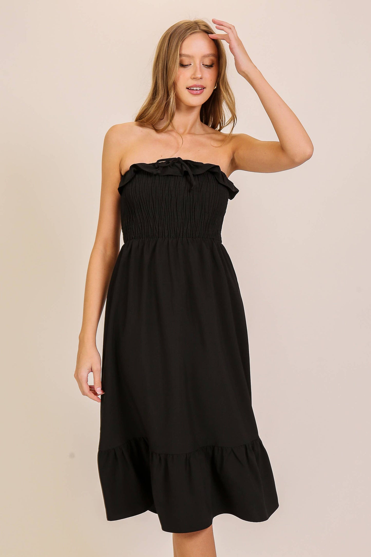 Breezy Strapless Smocked Midi Dress