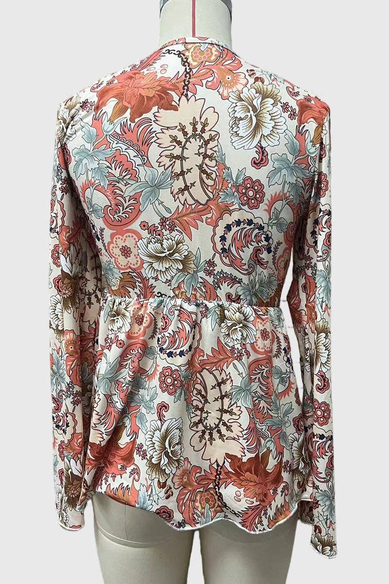 Floral V-Neck Tie Front Bell Sleeve Blouse: ORANGE / XL