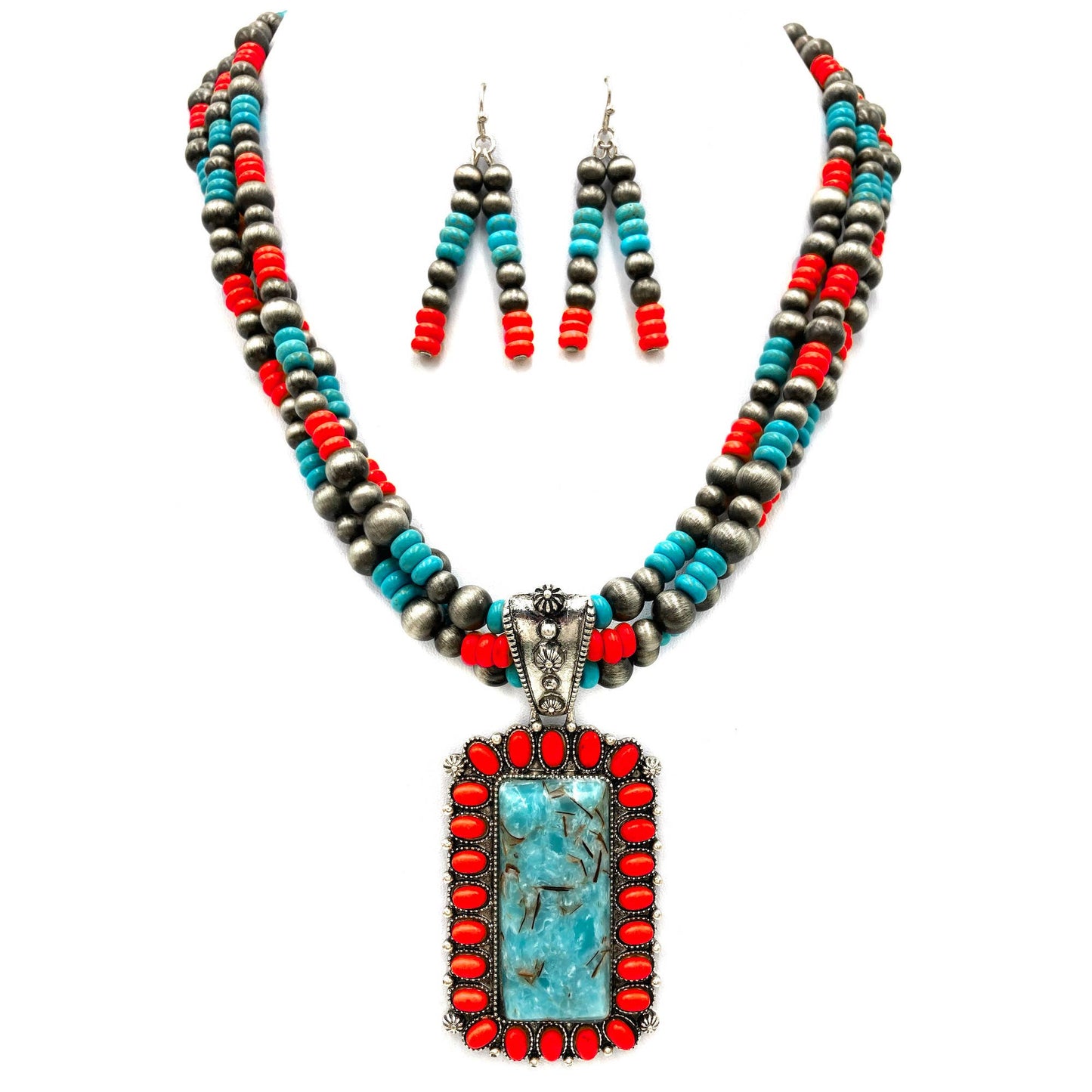 Concho Stone Turquoise Bead Pearl Western Chunky Necklace Set