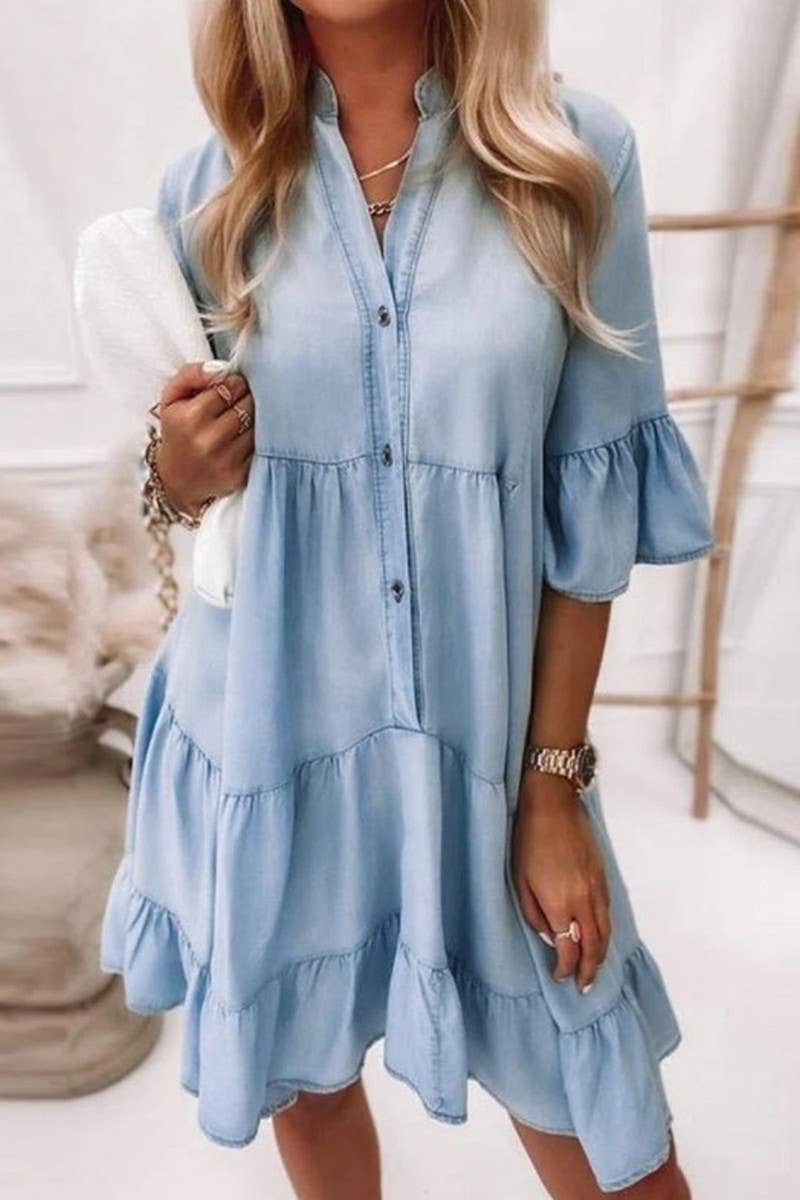 Women Casual Denim Shirt Dress Short Sleeve A Line