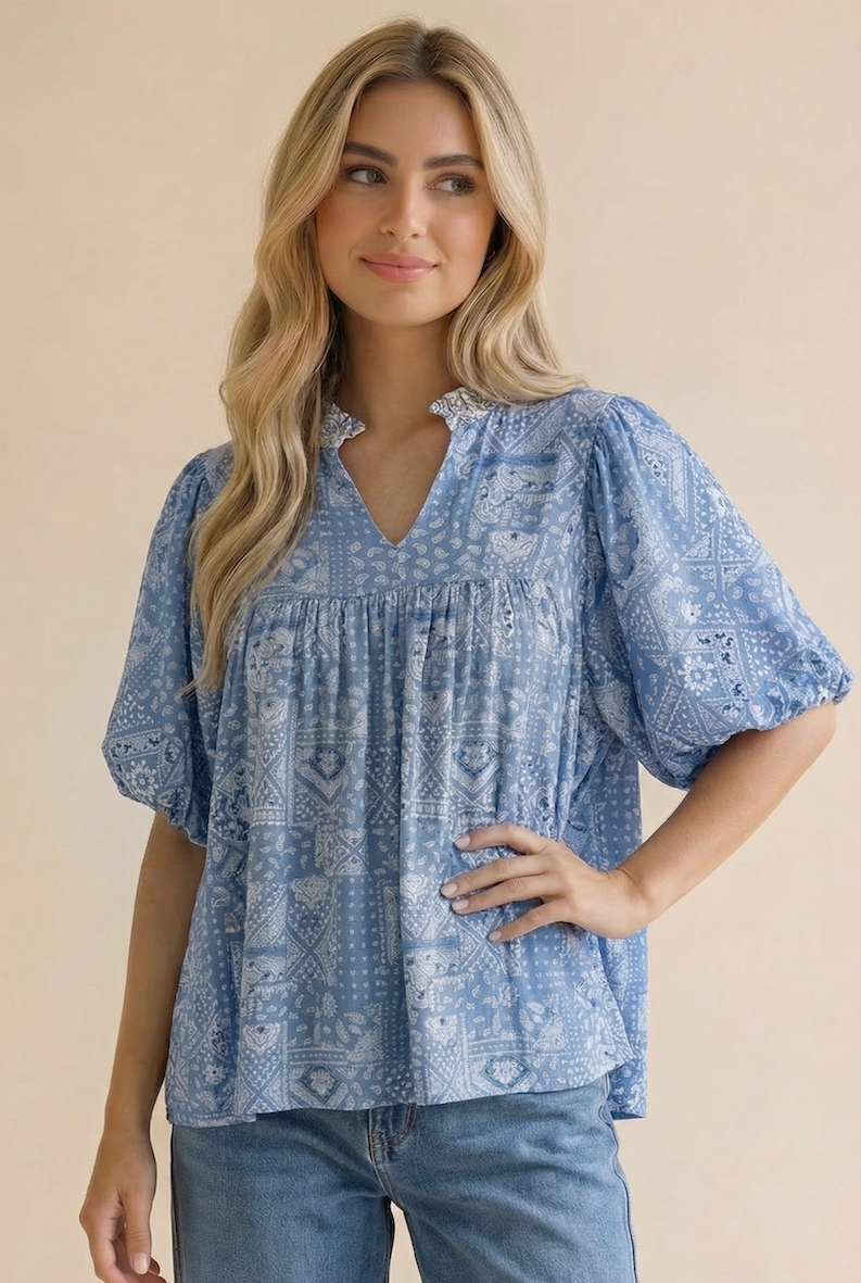 Paisley Boho Print Bubble Sleeve Blouse