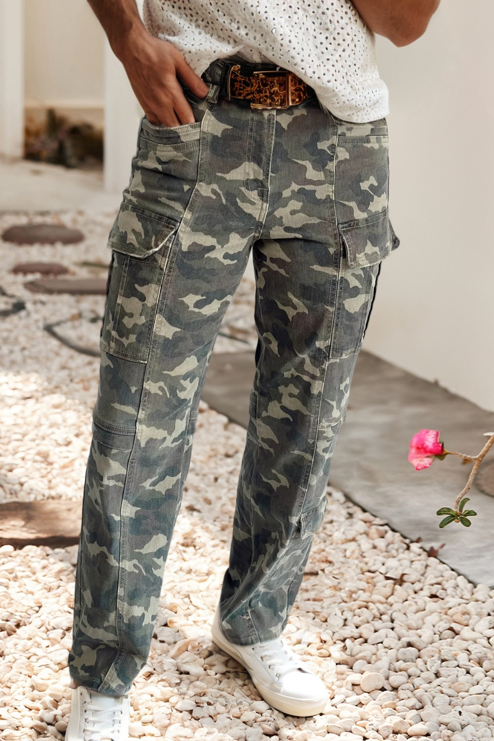 Camouflage Print Multi Pocketed Denim Pants