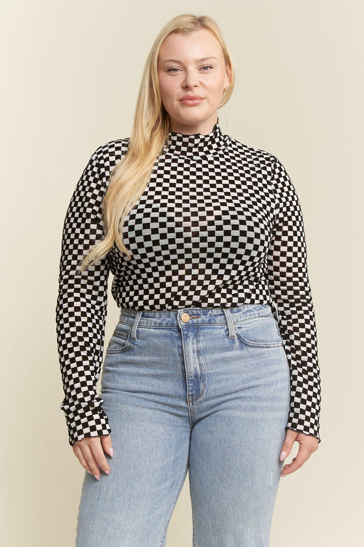 CHECKERED MESH MOCK NECK