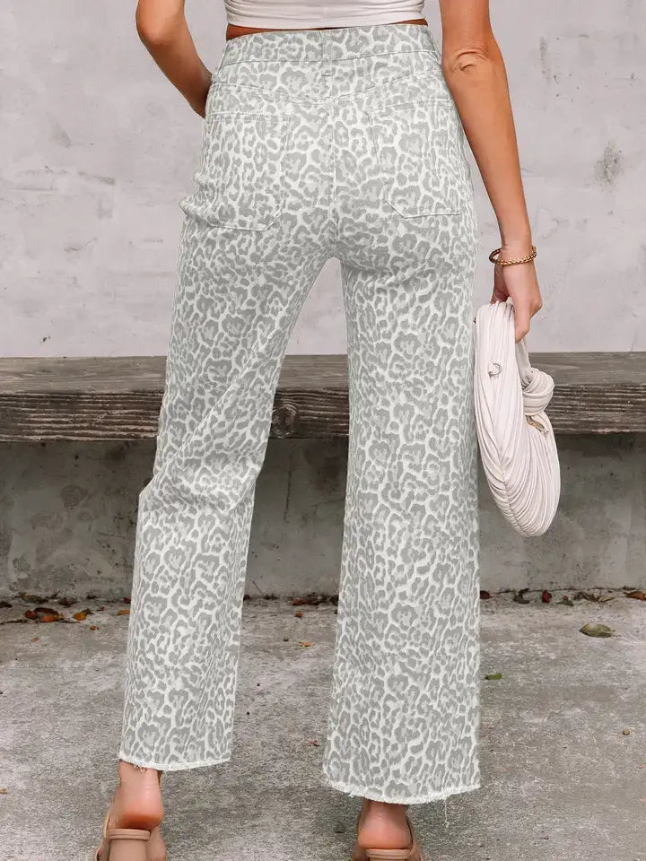 Gray Leopard Frayed Edge Wide Leg High Waist Jeans