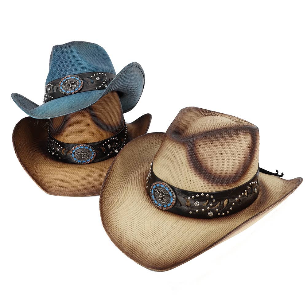 Bull Medallion And Stud Band Straw Cowboy Hat