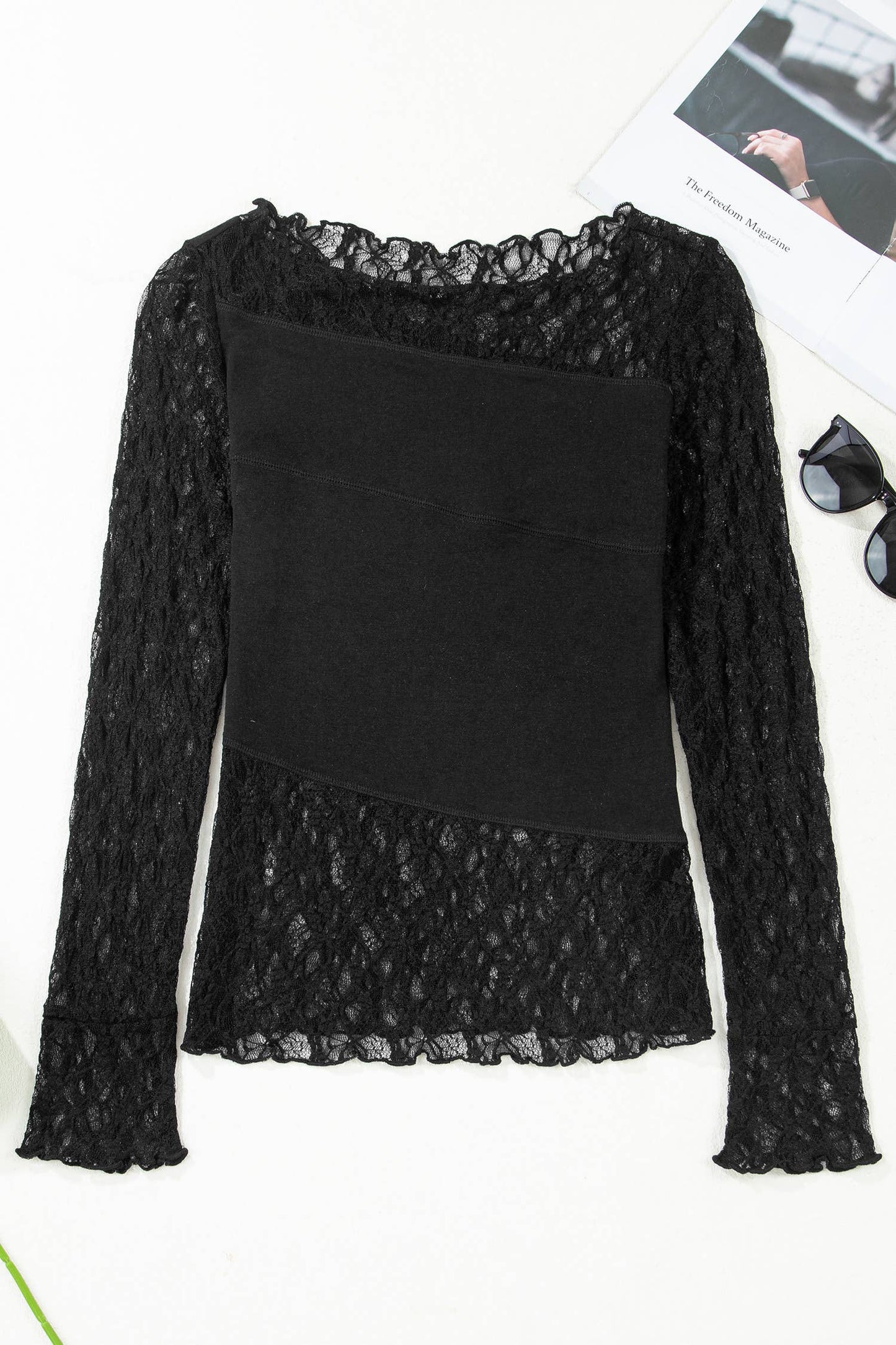 Asymmetric Panels Sheer Floral Lace Long Sleeve Top