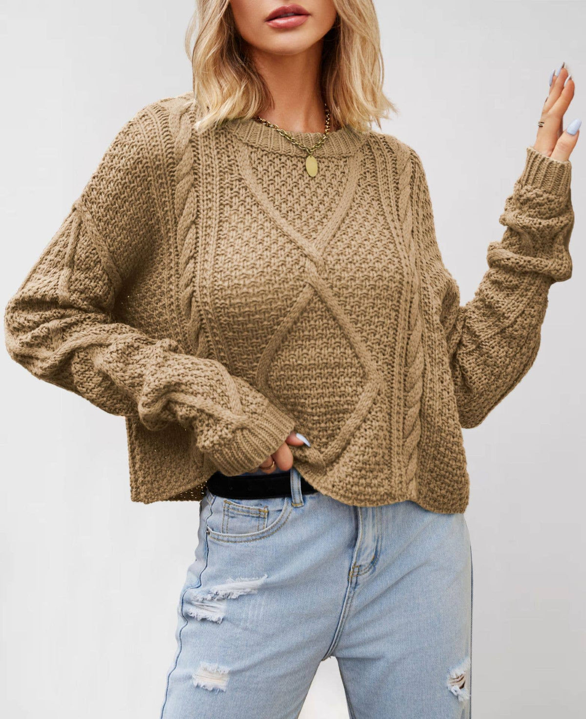 Chunky Cable Knit Pullover Sweater: Brown / Missy / XL