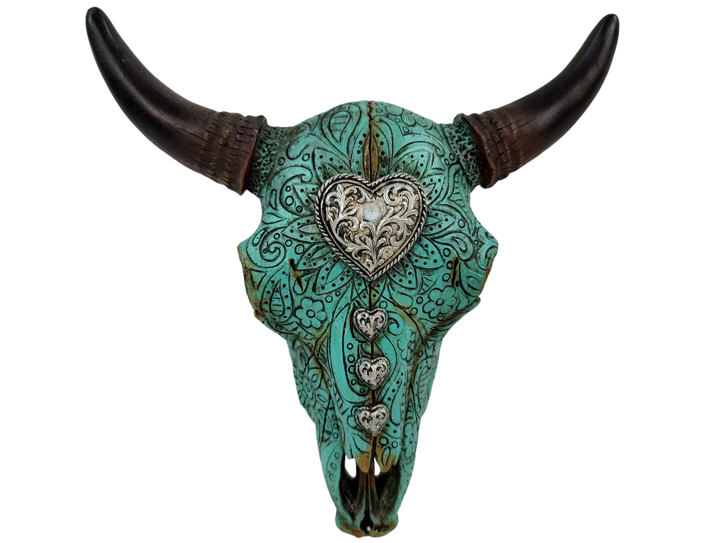 Heart Distressed Carved Cow Bull Skull Hanging Wall Décor