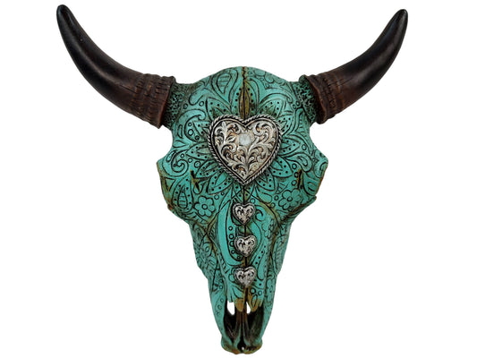 Heart Distressed Carved Cow Bull Skull Hanging Wall Décor