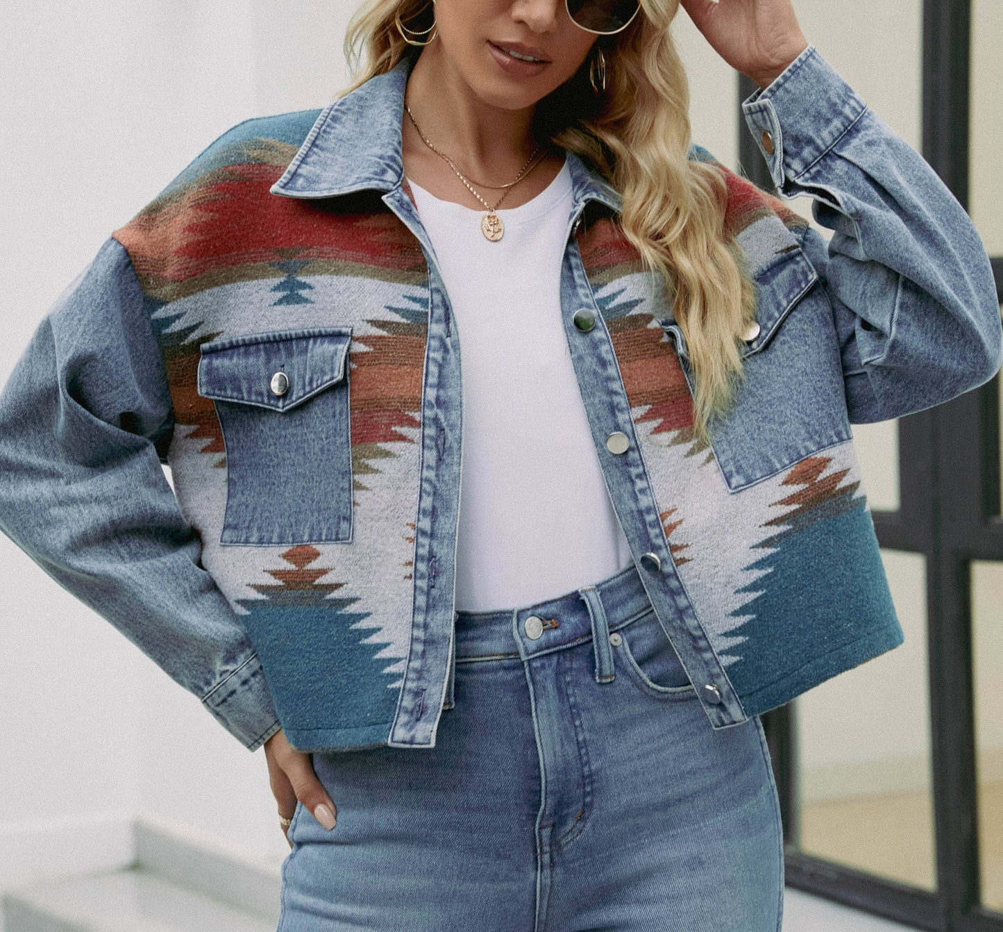 Aztec Patched Denim Cropped Jacket