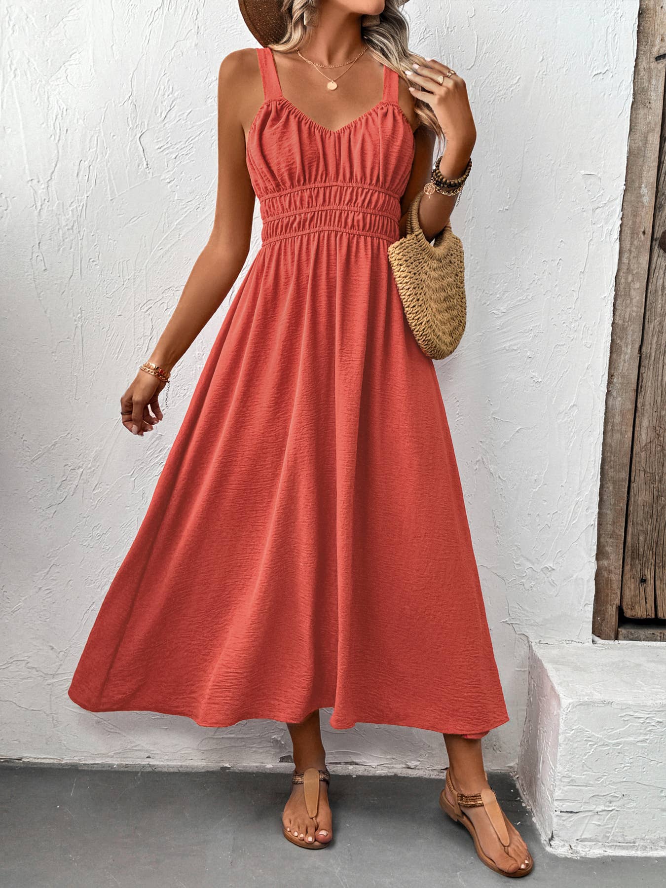 Sleeveless Ruched Bust Maxi Dress with Smocked Waist: Rust Red