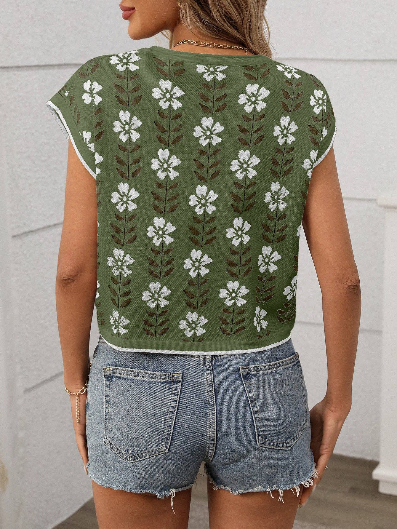 Vintage Floral Knit Crop Top Cap Sleeve Tee