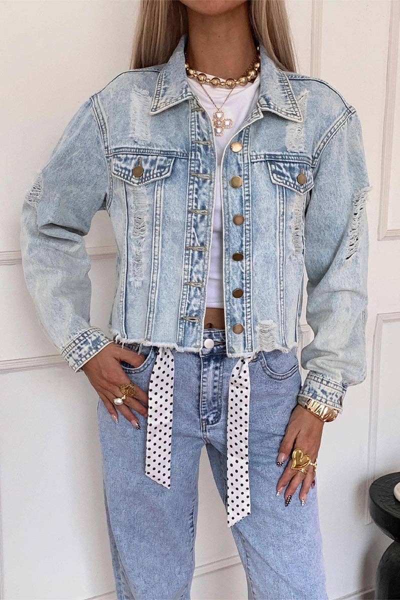 Distressed Casual Denim Jacket: BLUE / M