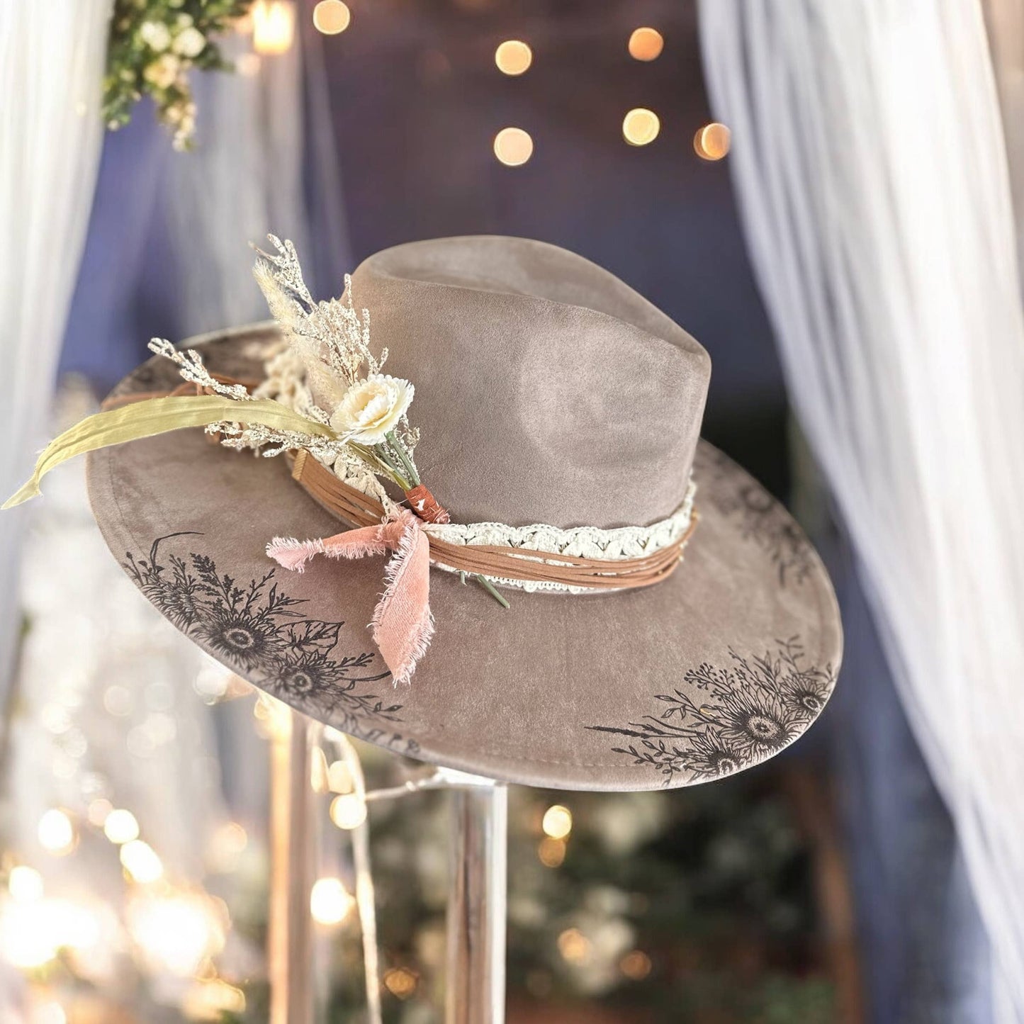 Suede Rancher Hat, Cowboy Hat | Sunflower Floral Brim: Tan