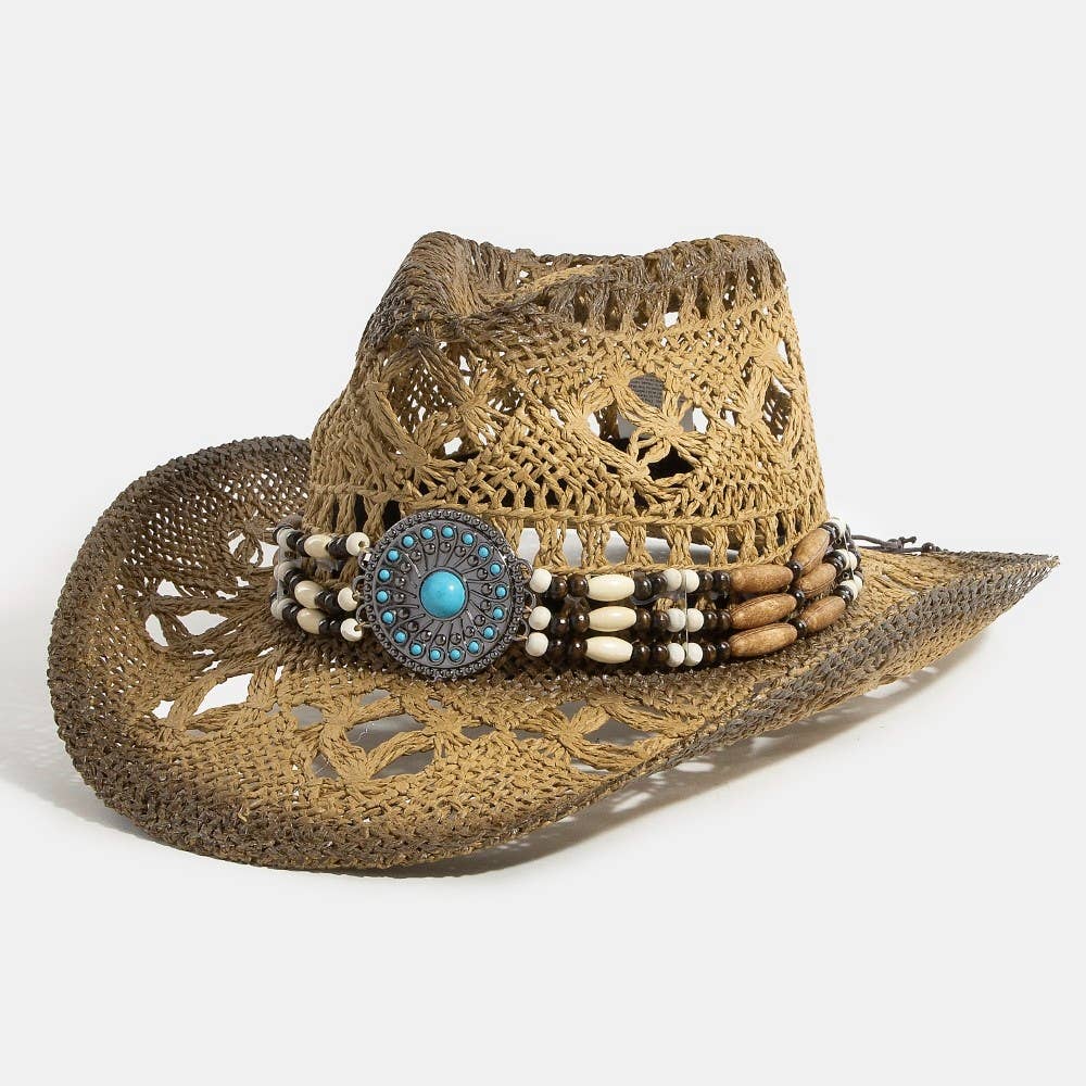 Straw Braided Concho Beaded Strap Cowboy Hat