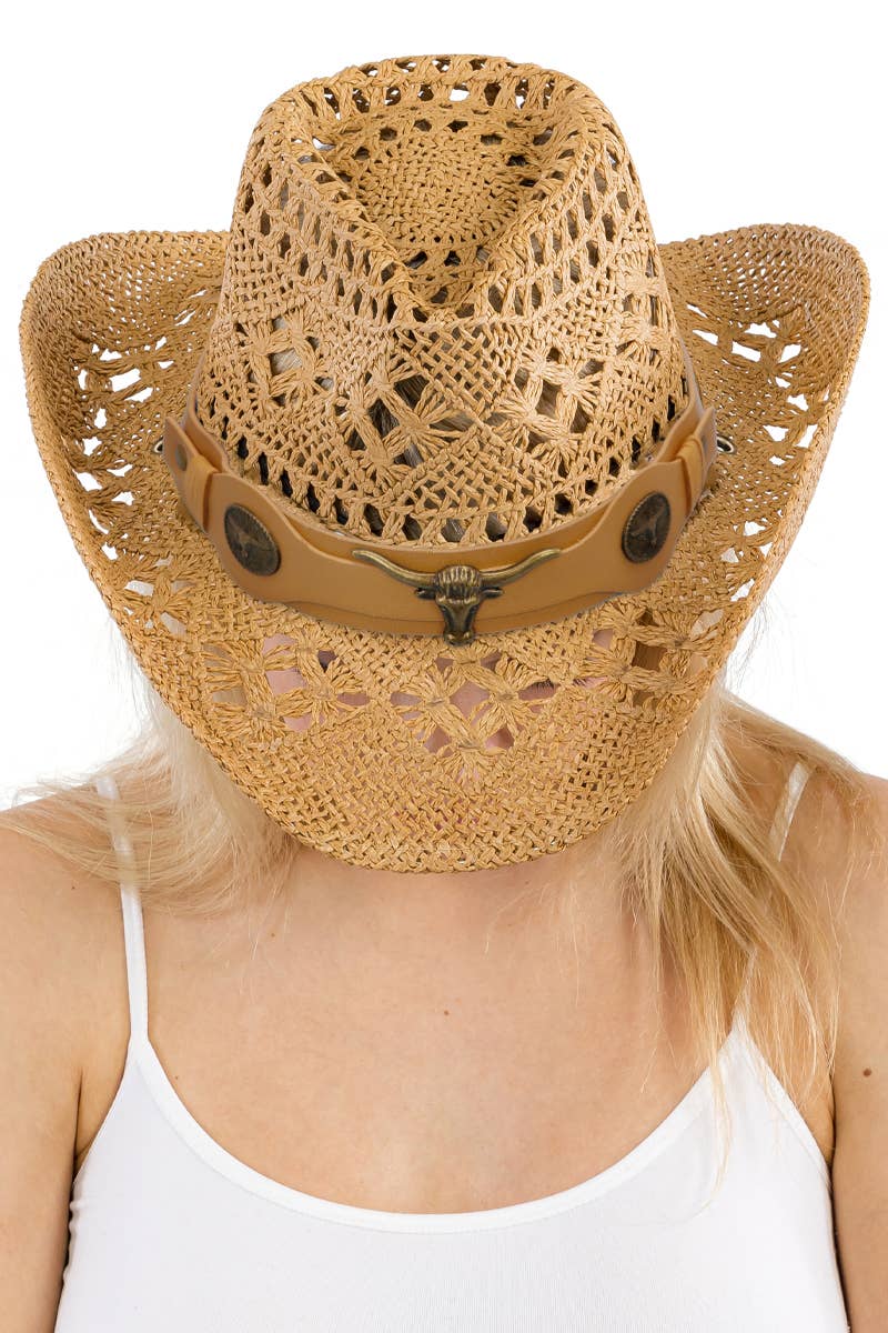 Longhorn Monochrome Belt Crochet Woven Cowboy Hat