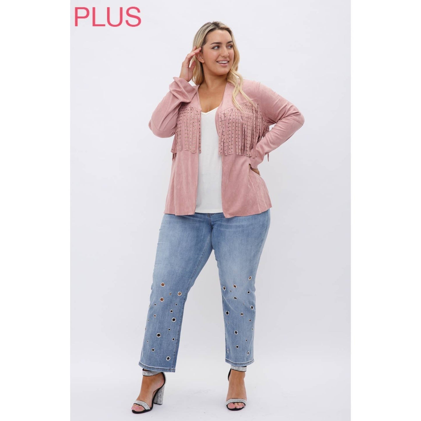 CURVY SUEDE NAILHEAD FRINGED JACKET