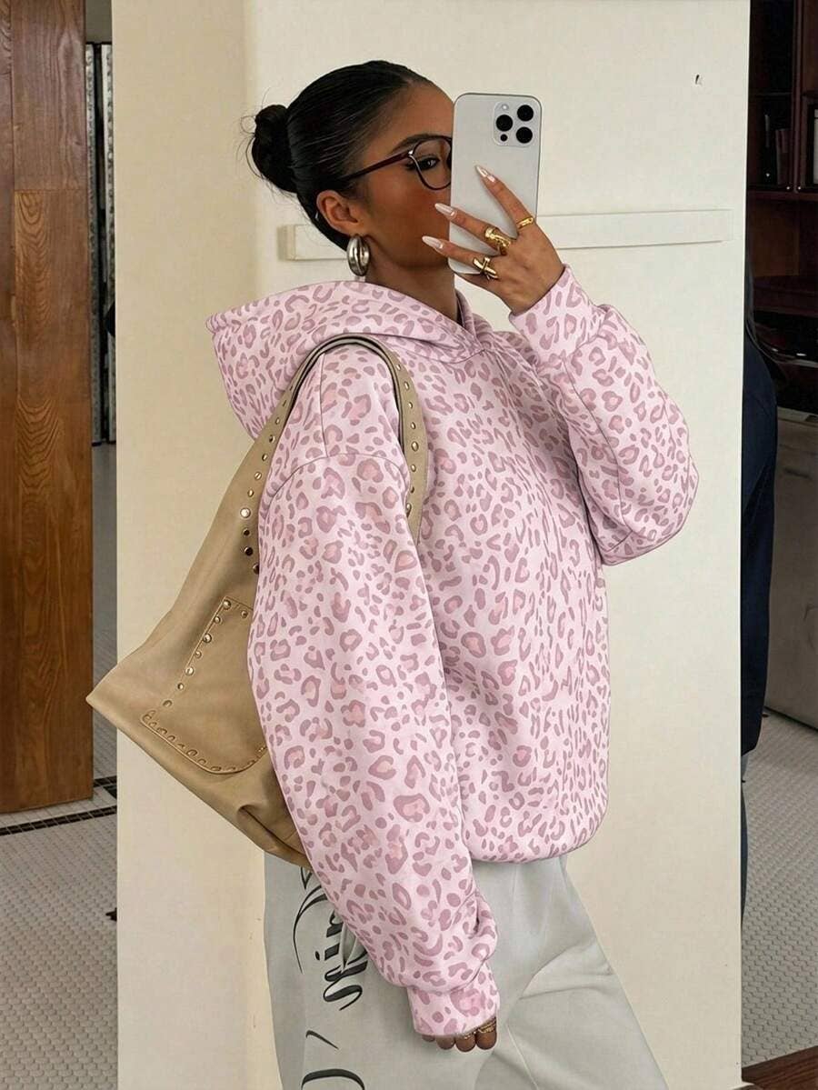 Leopard Hoodie Oversized Casual Pullover Sweatshirt: Gray Leopard / 65%viscose+35%polyester / M