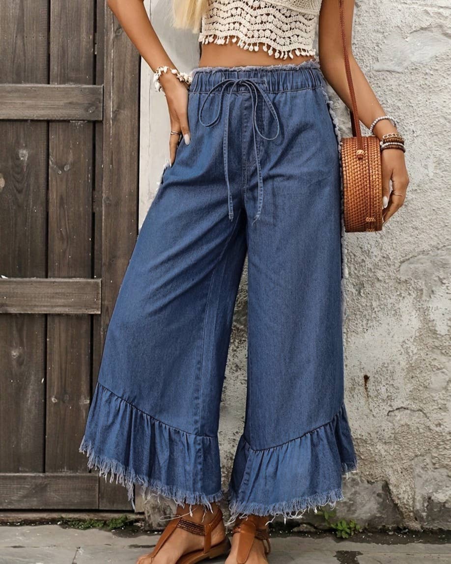 Ruffle Frayed Denim Palazzos