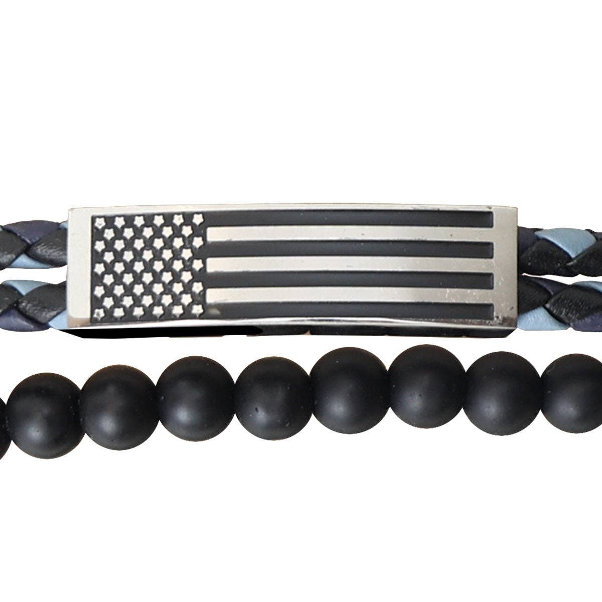 Men's Bracelet Flag Wrap Braided Bead: Black/Blue/Silver