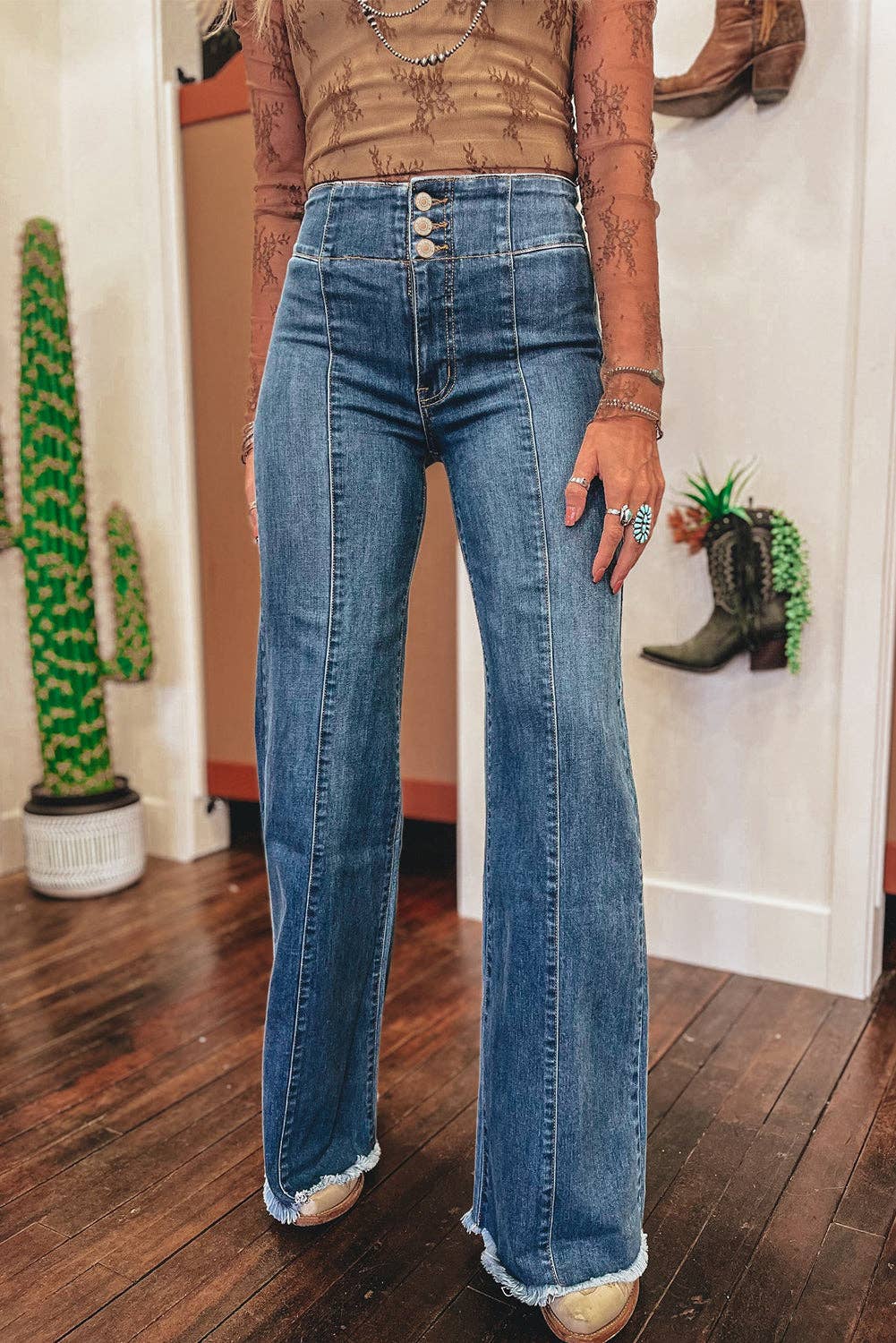 Sail Blue High Waist Button Fly Seamed Raw Hem Flare Jeans: Sail Blue / 71%Cotton+27.5%Polyester+1.5%Elastane / 12