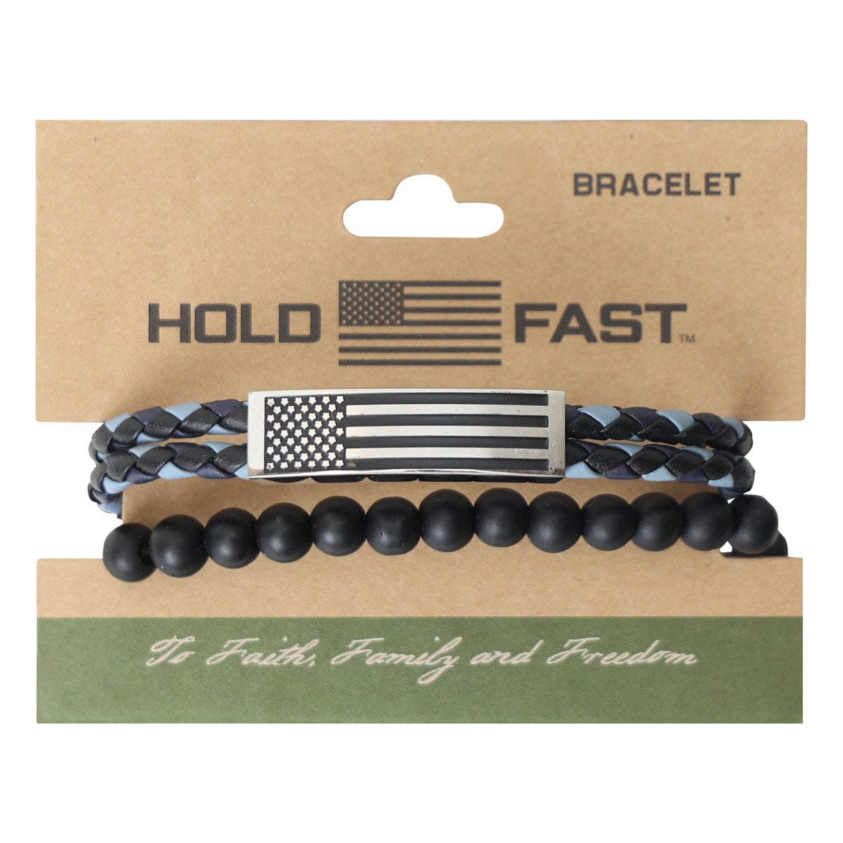 Men's Bracelet Flag Wrap Braided Bead: Black/Blue/Silver