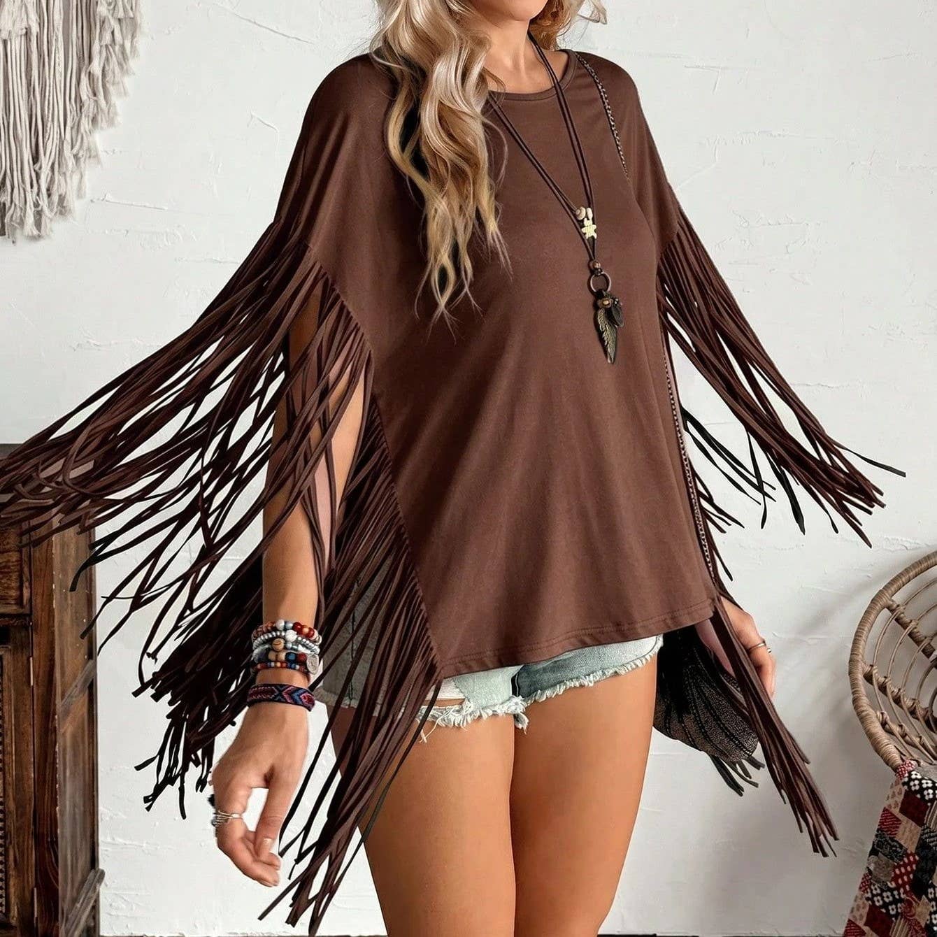 Western Country Concert Fringe Tassel Poncho Top: Coffee / XL