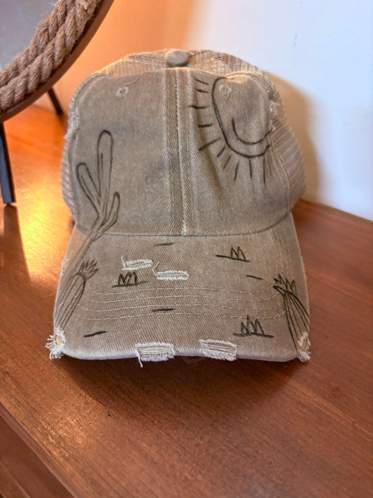 Distressed Hand Burned Trucker Hat- Cactus