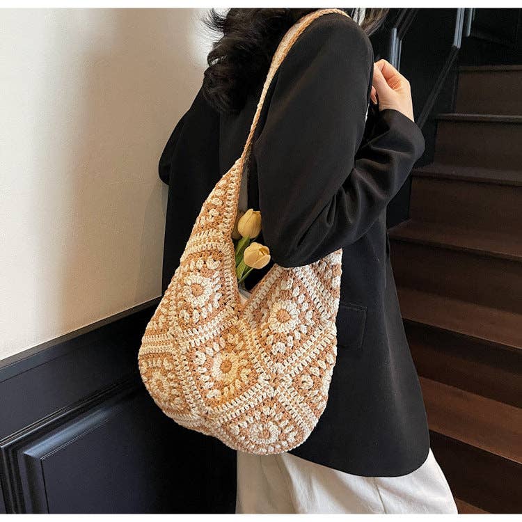 Crochet Knit Tote Bag Boho Shoulder Bag for Women: Khaki