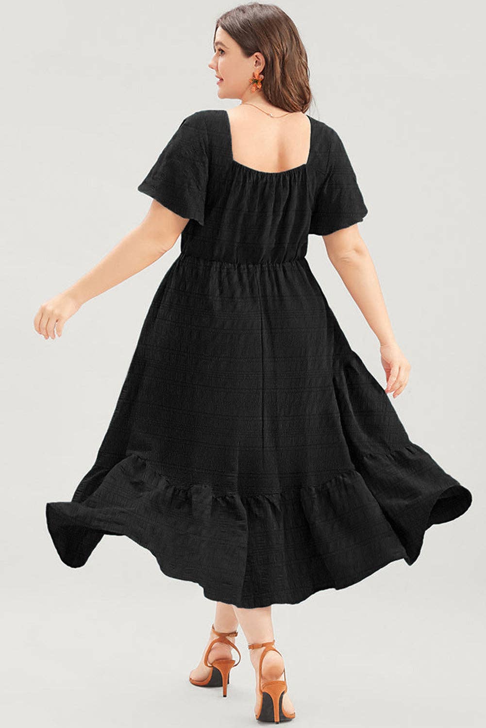 Black Plus Size Short Sleeve Lace-up High Waist Midi Dress: Black / 100%Polyester / 1X