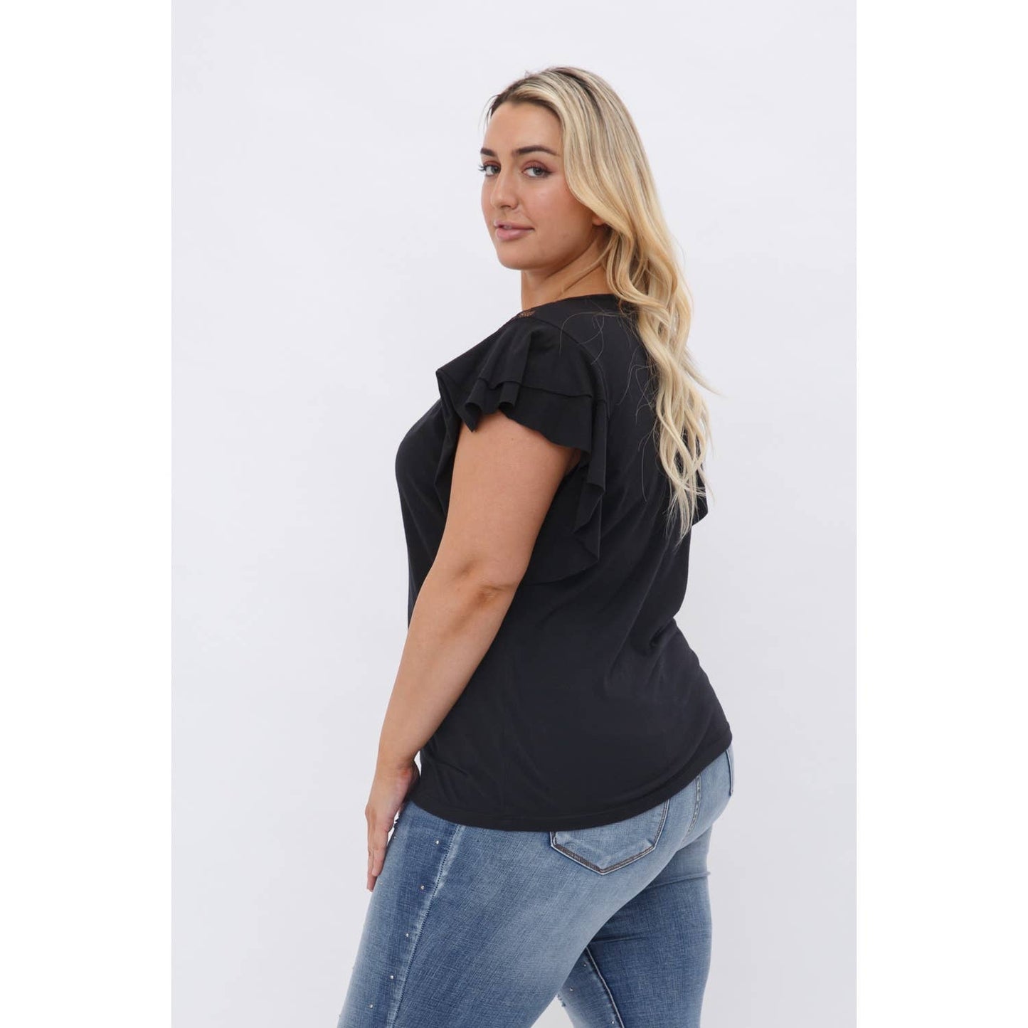 PLUS SIZE CROCHET LACE YOKE RUFFLE SHORT SLEEVE KNIT BLOUSE