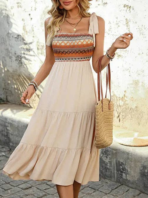 Boho Smocked Bodice Midi Dress with Tie Shoulder Straps