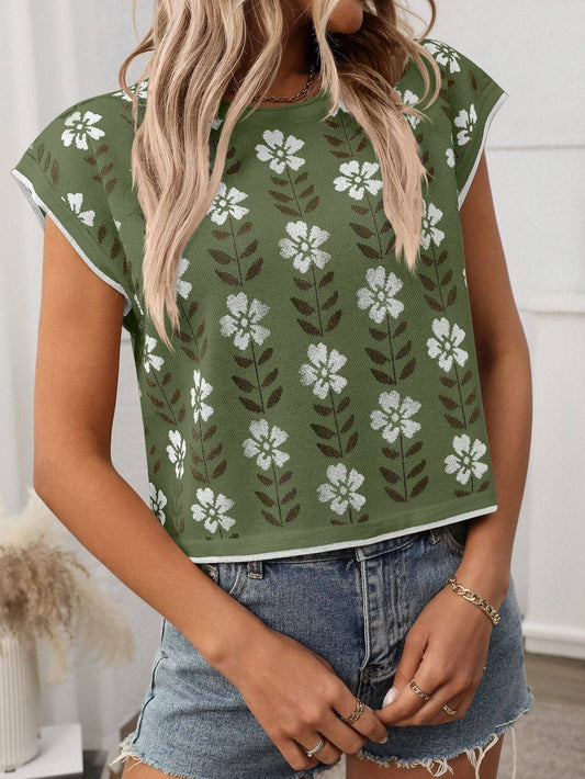 Vintage Floral Knit Crop Top Cap Sleeve Tee