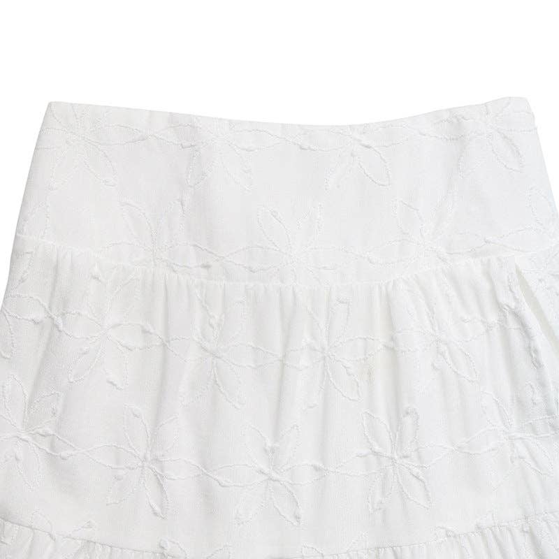 Women High Waist Embroidered Split Maxi Skirt: White / 100% Polyester / L