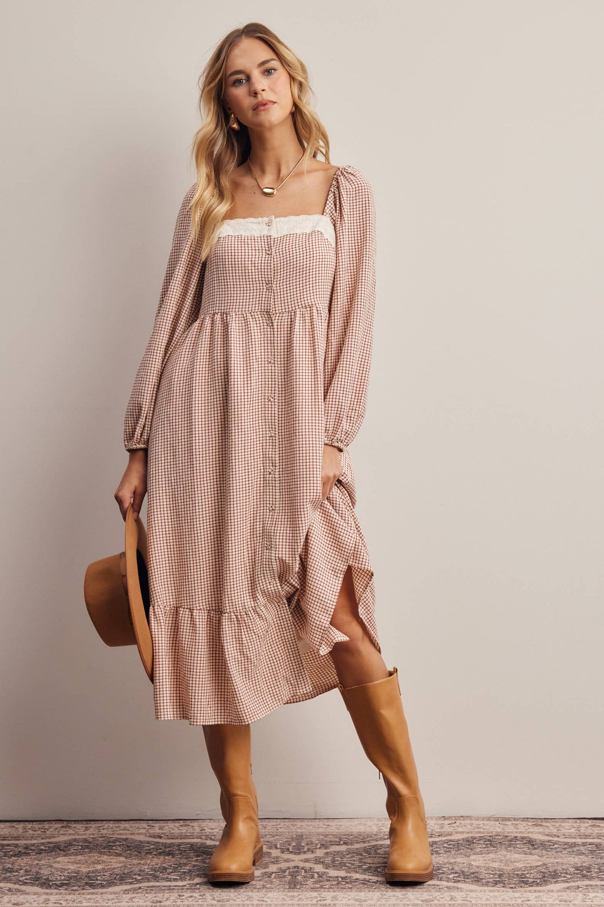 Lace Trim Gingham Midi Dress FD0069: Ivory Red / Contemporary / L
