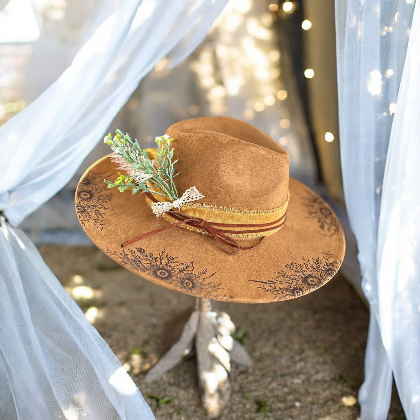 Suede Rancher Hat, Cowboy Hat | Sunflower Floral Brim: Peacock Blue