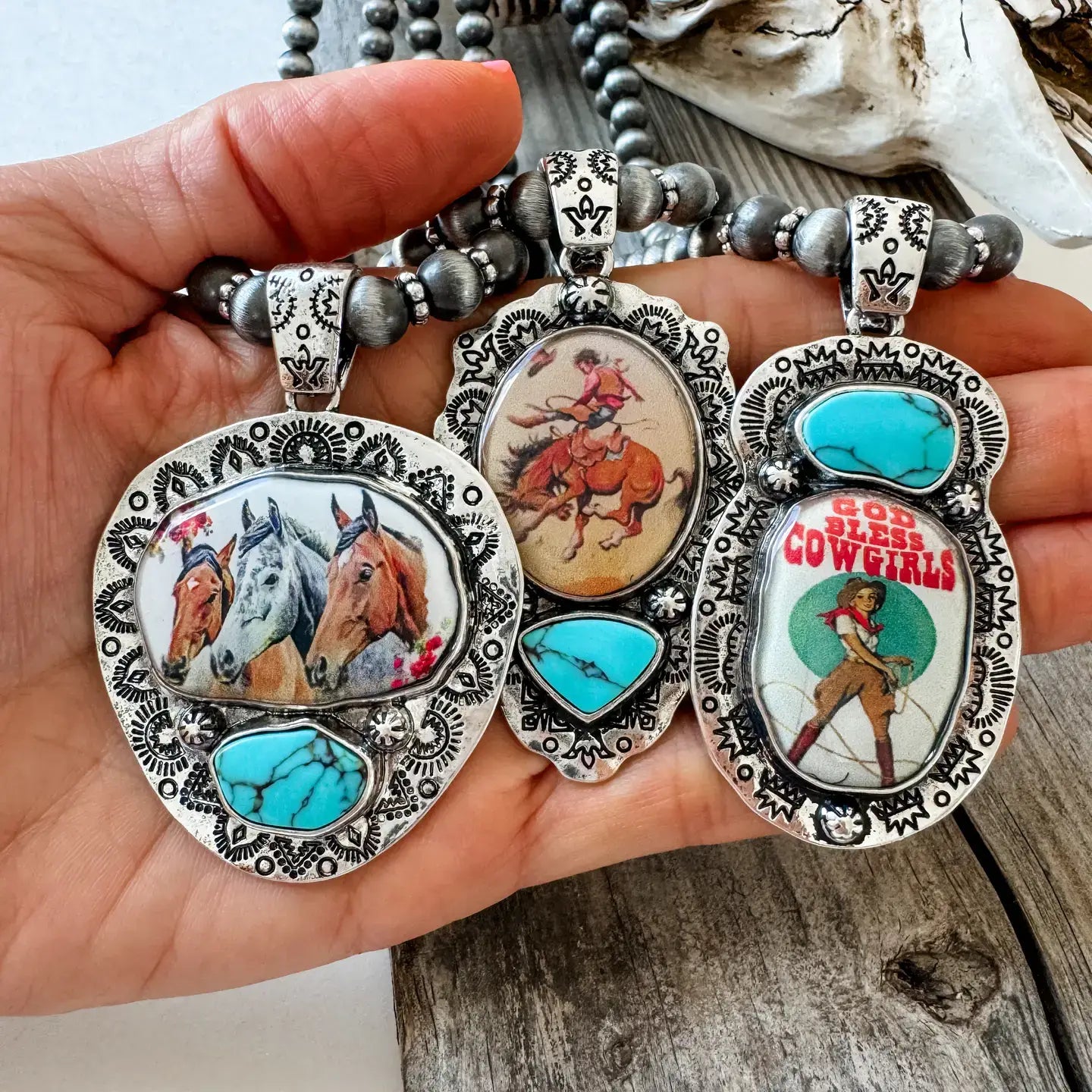 Western Print Pendant Necklace - Navajo Style Pearl: GOD BLESS COWGIRLS