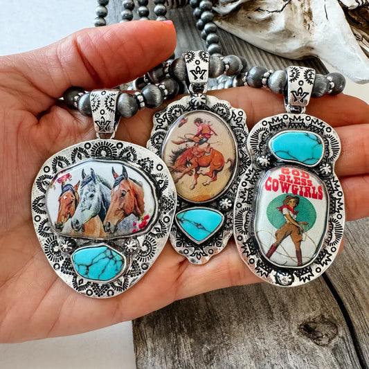 Western Print Pendant Necklace - Navajo Style Pearl: GOD BLESS COWGIRLS