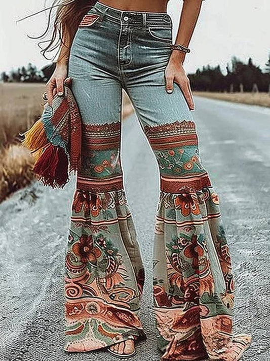 Flared Pants Floral Printed High-Waisted