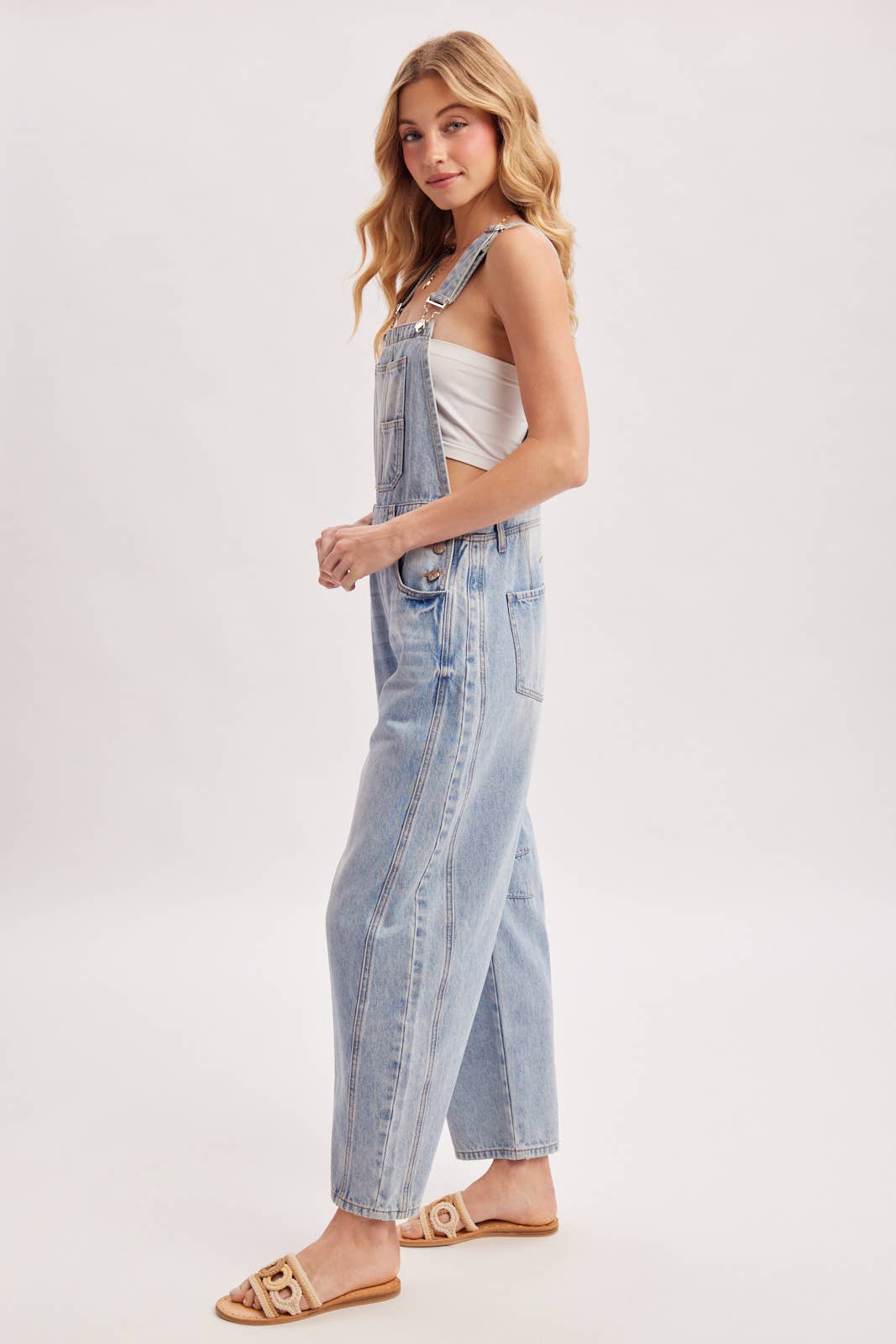 DENIM BARREL OVERALLS: LT.WASH / M