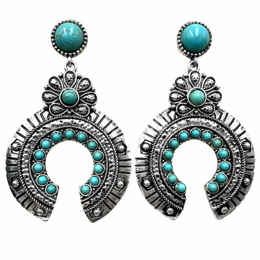 Turquoise Stone Squash Blossom Floral Stud Earrings