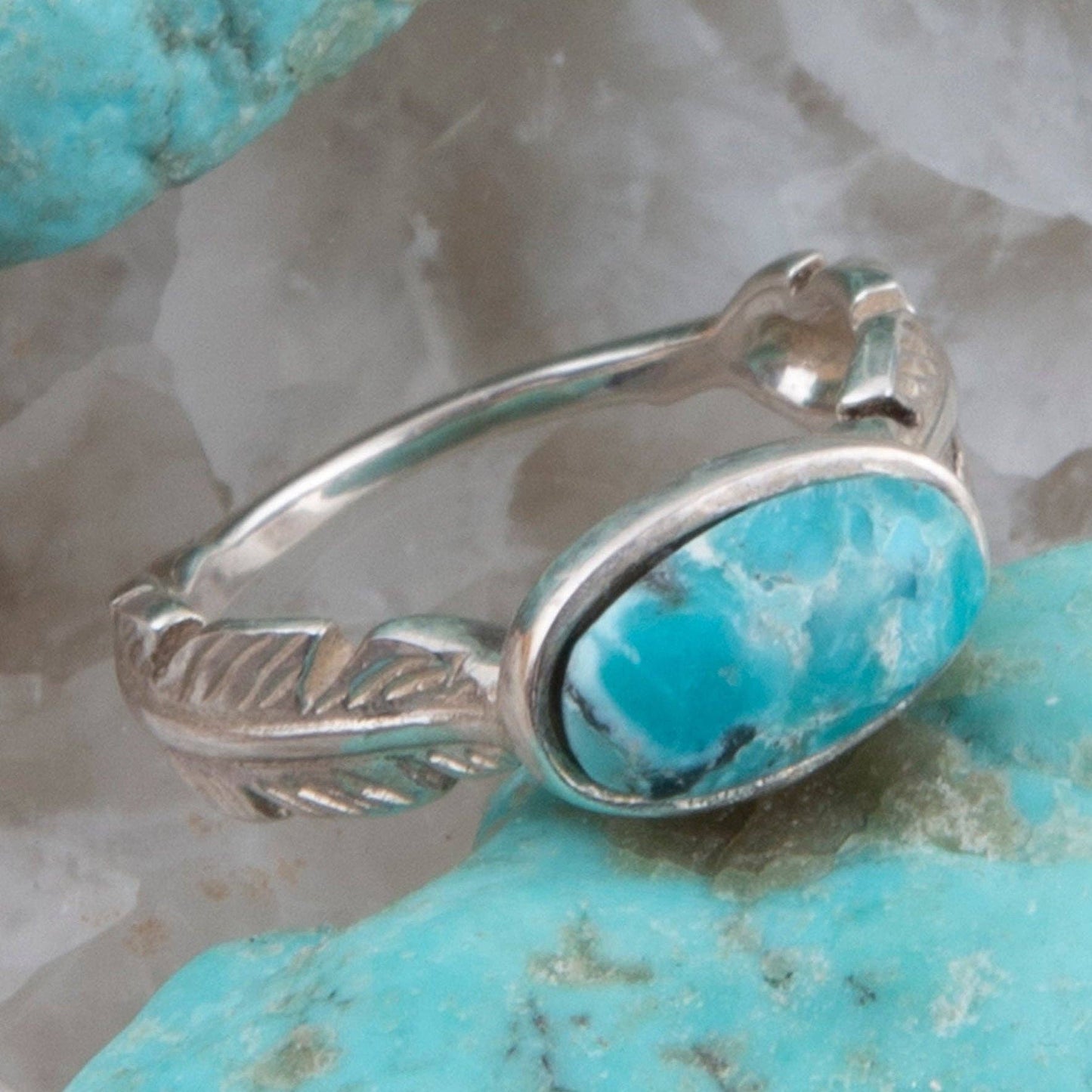 Feather Silver and Blue Turquoise Ring: Size 8