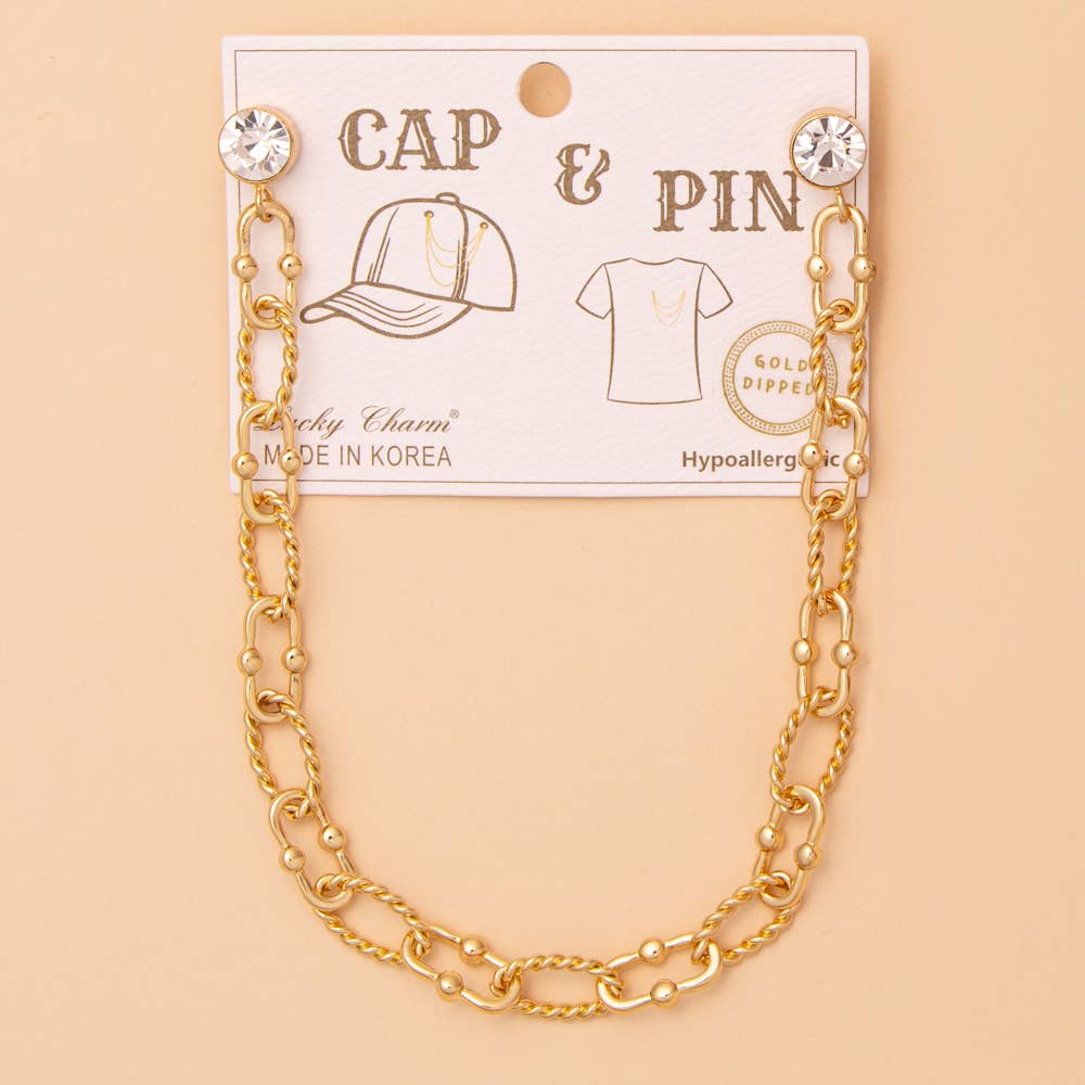 Crystal Embellished Textured Oval Link Cap Chain and Pin: Gold