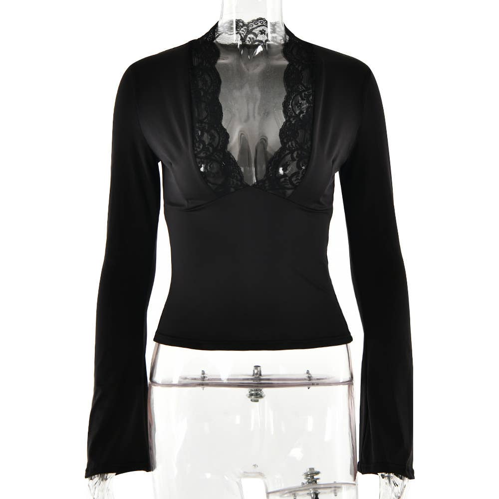 Womens Lace Deep V Neck Long Sleeve Top: Navy / L