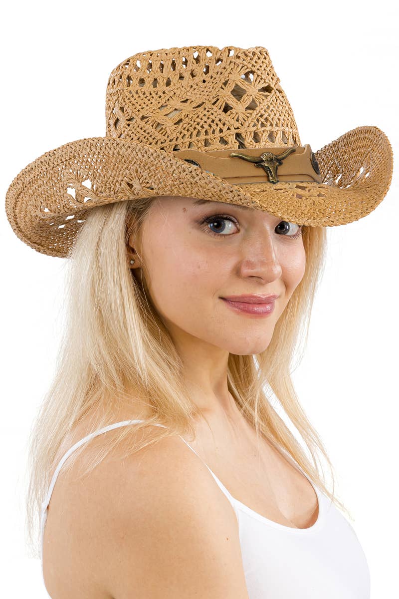 Longhorn Monochrome Belt Crochet Woven Cowboy Hat