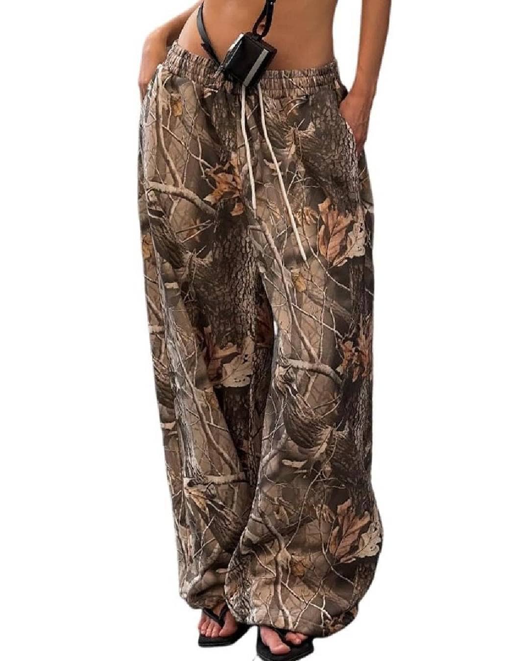 Casual Stretch Corset Camouflage Print Wide-Leg Pants: Brown / 2XL